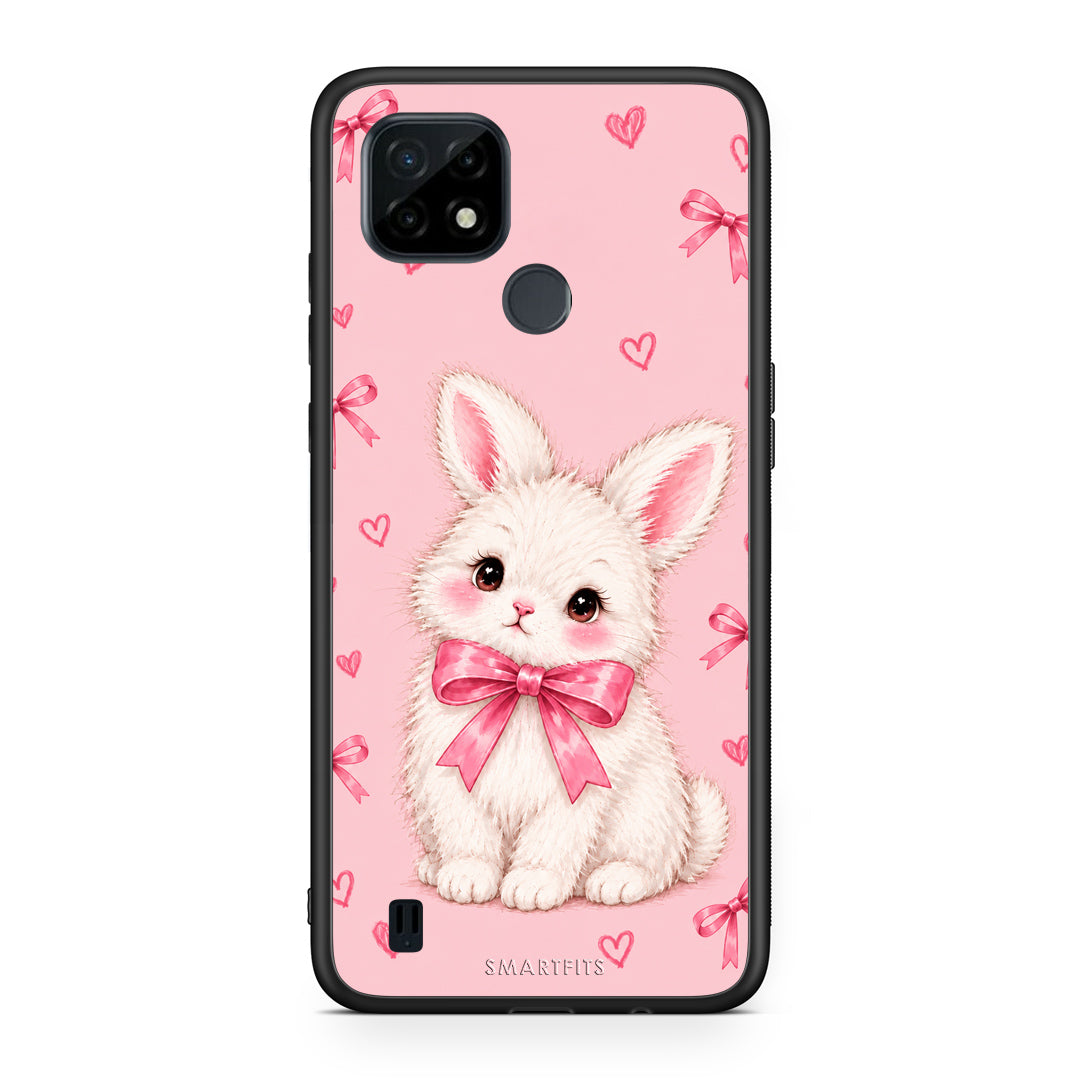 Θήκη Realme C21 White Bunny and Pink Bows από τη Smartfits με σχέδιο στο πίσω μέρος και μαύρο περίβλημα | Realme C21 White Bunny and Pink Bows case with colorful back and black bezels