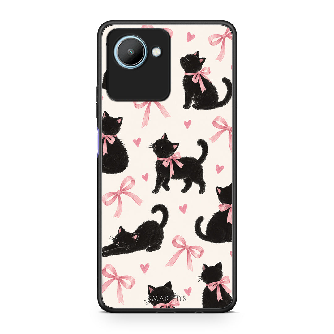 Θήκη Realme C30 Black Kittens and Pink Bows on Cream Large από τη Smartfits με σχέδιο στο πίσω μέρος και μαύρο περίβλημα | Realme C30 Black Kittens and Pink Bows on Cream Large case with colorful back and black bezels