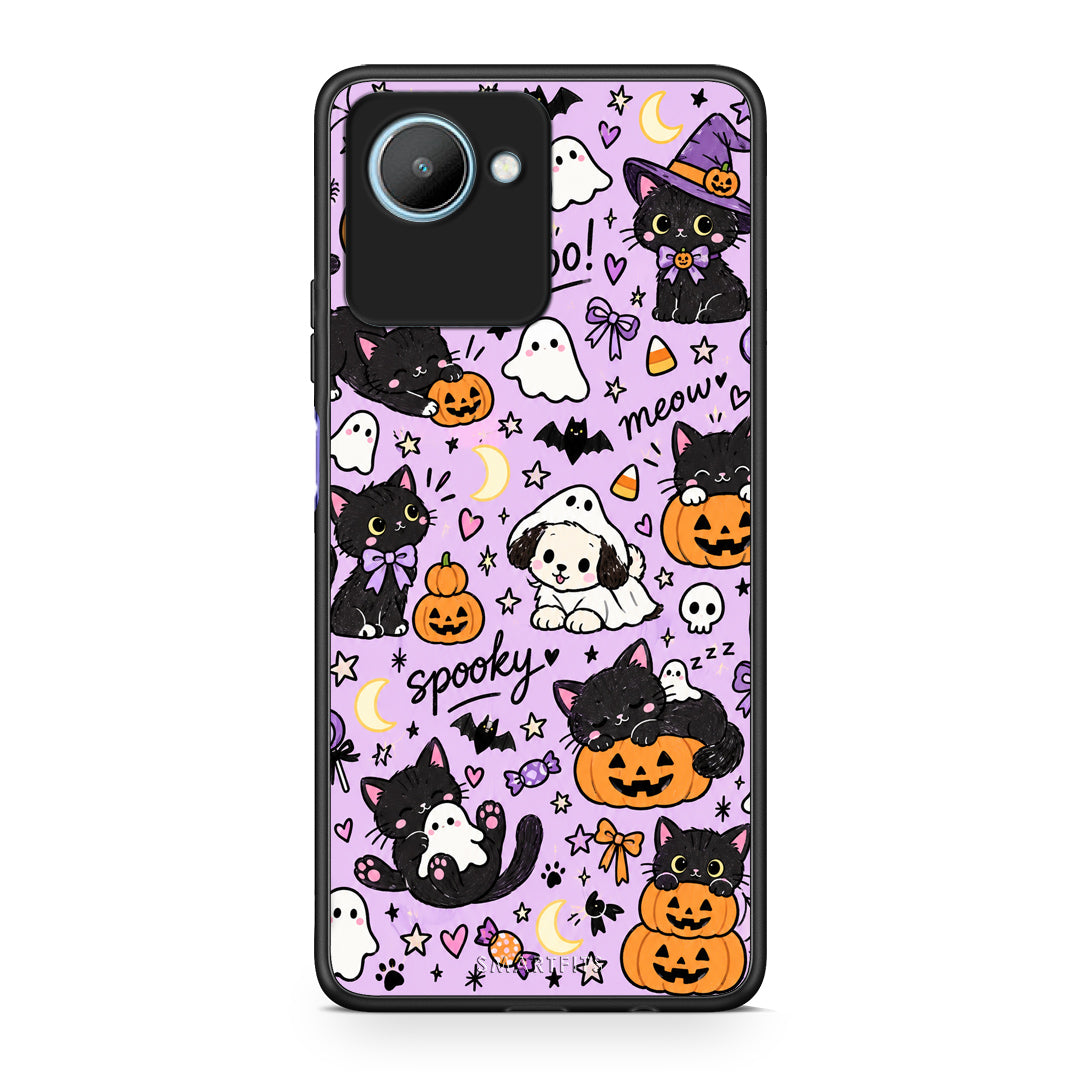 Θήκη Realme C30 Halloween Black Cats on Lilac από τη Smartfits με σχέδιο στο πίσω μέρος και μαύρο περίβλημα | Realme C30 Halloween Black Cats on Lilac case with colorful back and black bezels