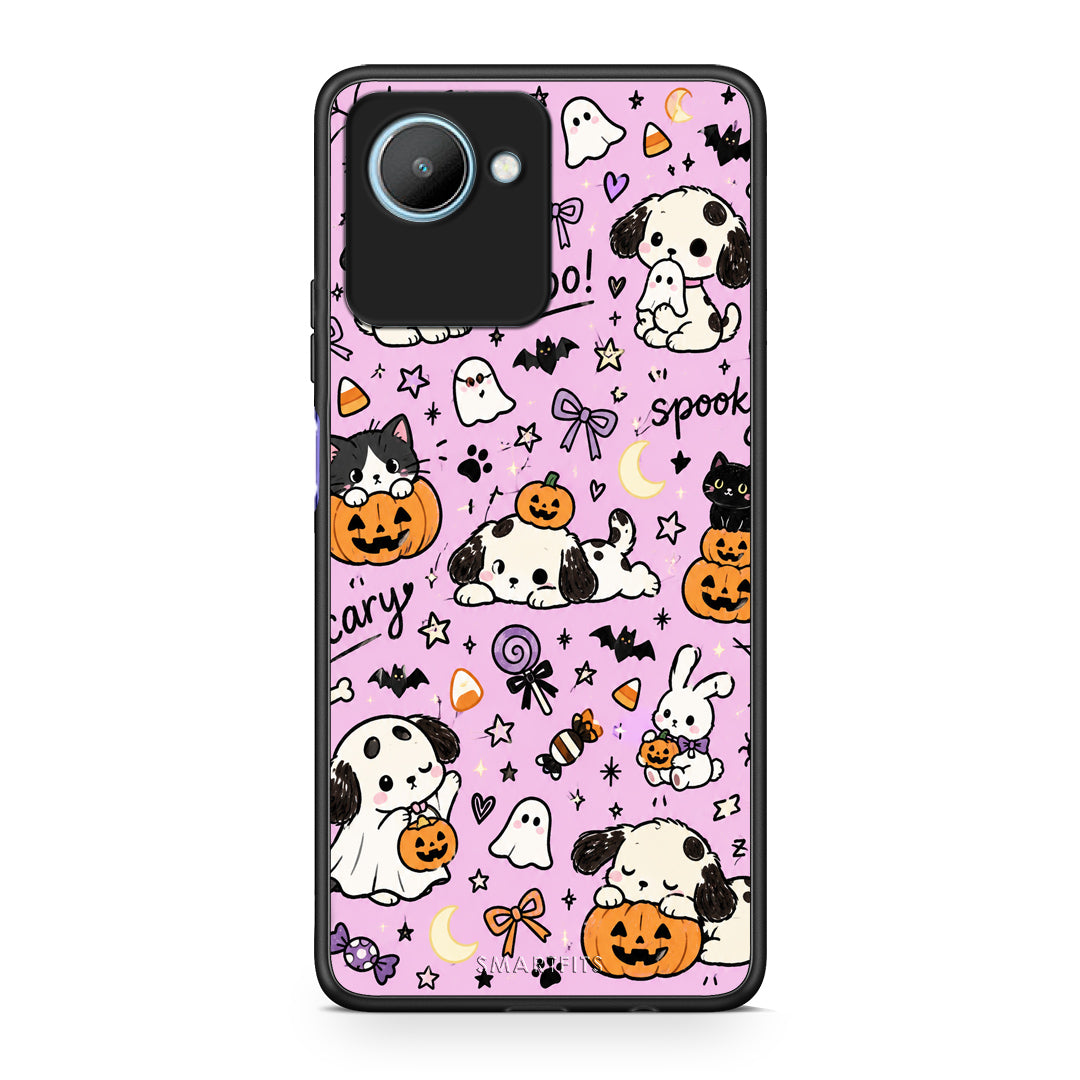 Θήκη Realme C30 Halloween Puppies and Friends on Lilac από τη Smartfits με σχέδιο στο πίσω μέρος και μαύρο περίβλημα | Realme C30 Halloween Puppies and Friends on Lilac case with colorful back and black bezels
