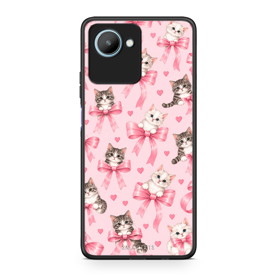 Θήκη Realme C30 Kittens and Pink Bows on Pink από τη Smartfits με σχέδιο στο πίσω μέρος και μαύρο περίβλημα | Realme C30 Kittens and Pink Bows on Pink case with colorful back and black bezels