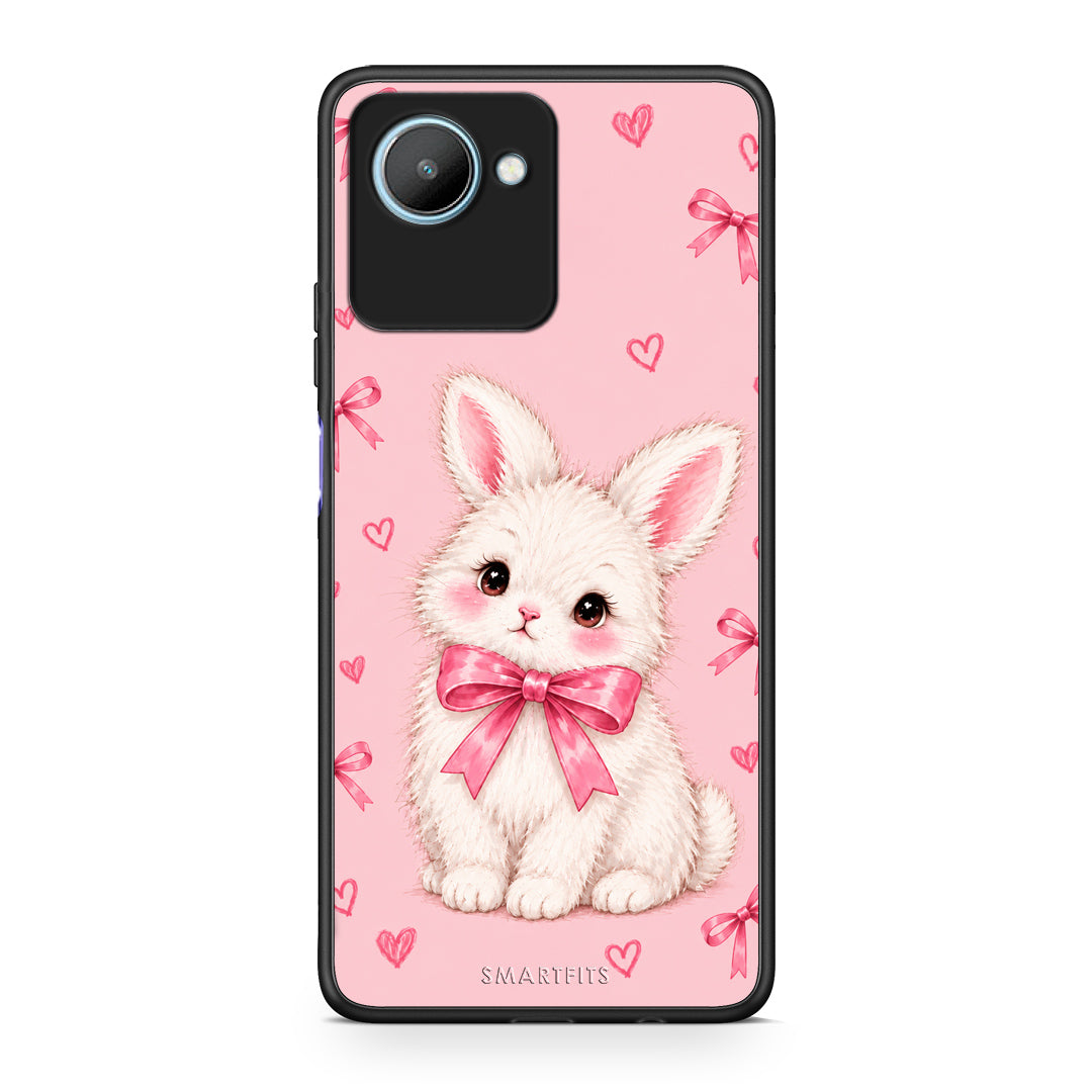 Θήκη Realme C30 White Bunny and Pink Bows από τη Smartfits με σχέδιο στο πίσω μέρος και μαύρο περίβλημα | Realme C30 White Bunny and Pink Bows case with colorful back and black bezels