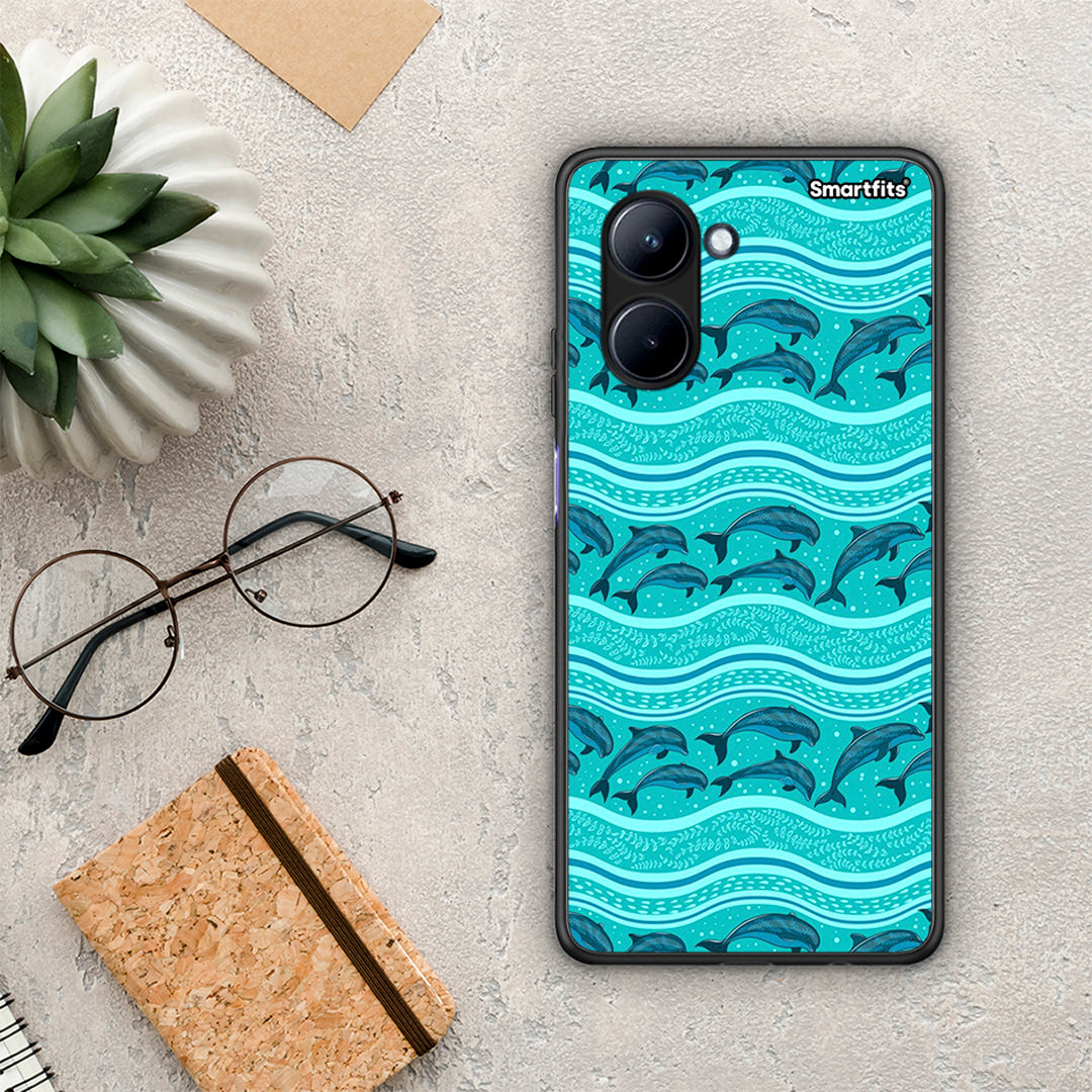 Θήκη Realme C33 Swimming Dolphins από τη Smartfits με σχέδιο στο πίσω μέρος και μαύρο περίβλημα | Realme C33 Swimming Dolphins Case with Colorful Back and Black Bezels