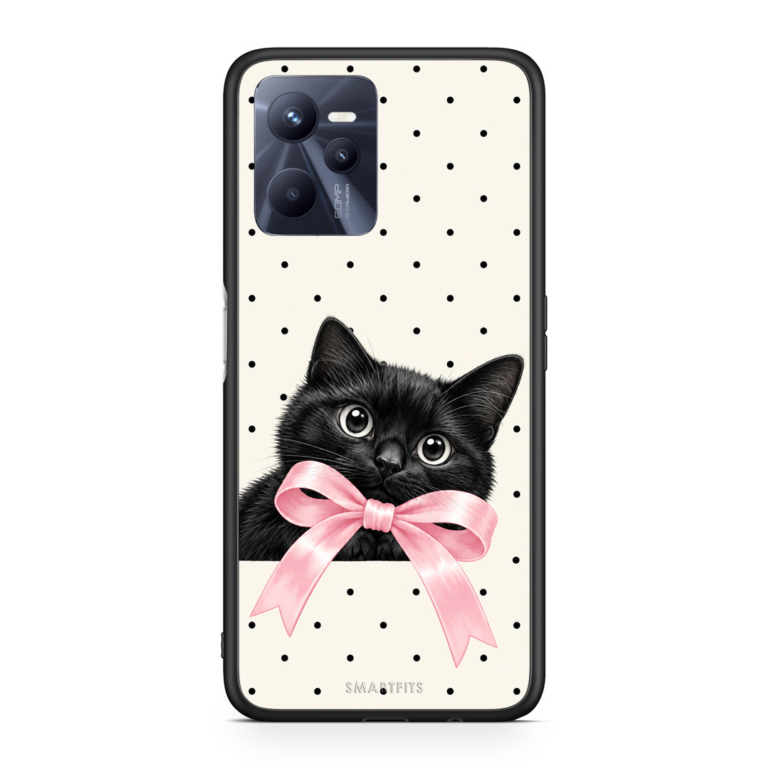 Θήκη Realme C35 / Narzo 50A Prime Black Kitten Pink Bow and Polka Dots από τη Smartfits με σχέδιο στο πίσω μέρος και μαύρο περίβλημα | Realme C35 / Narzo 50A Prime Black Kitten Pink Bow and Polka Dots case with colorful back and black bezels