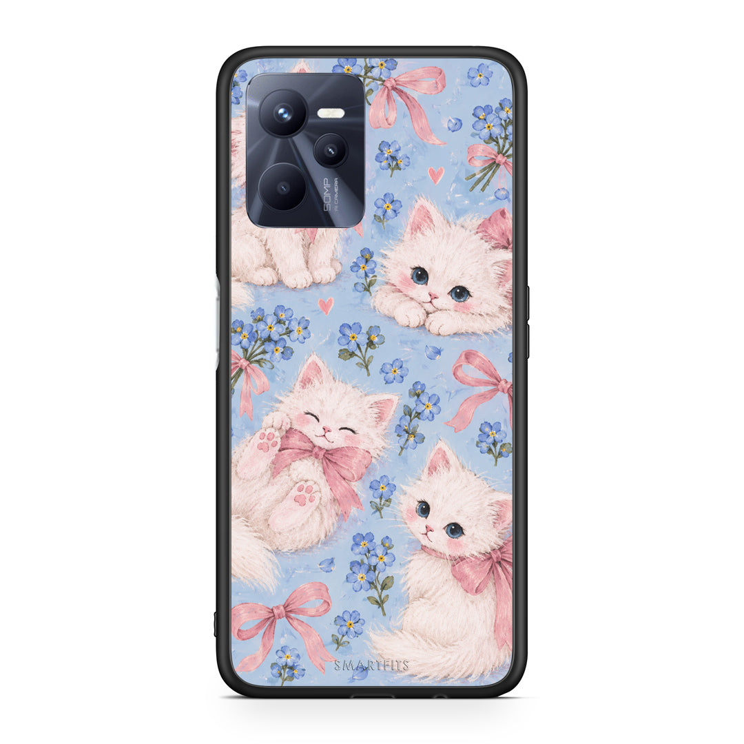 Θήκη Realme C35 / Narzo 50A Prime White Kittens and Blue Flowers Large από τη Smartfits με σχέδιο στο πίσω μέρος και μαύρο περίβλημα | Realme C35 / Narzo 50A Prime White Kittens and Blue Flowers Large case with colorful back and black bezels