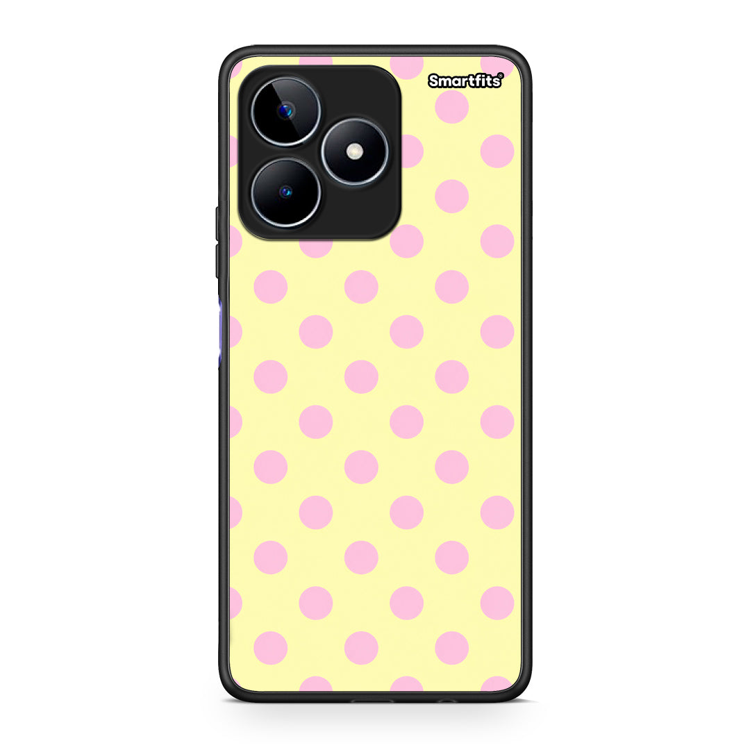 Θήκη Realme C53 Pink Polka Dots on Yellow από τη Smartfits με σχέδιο στο πίσω μέρος και μαύρο περίβλημα | Realme C53 Pink Polka Dots on Yellow case with colorful back and black bezels