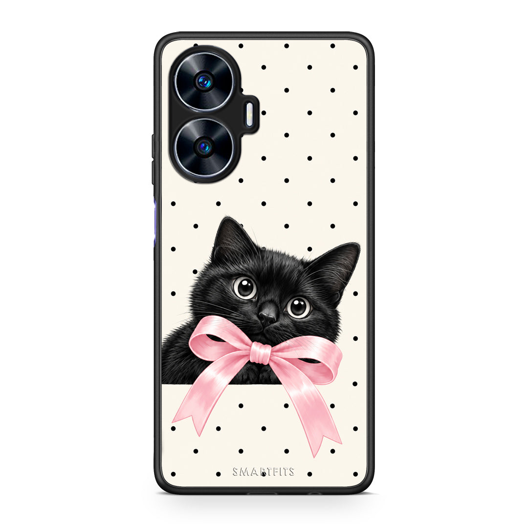 Θήκη Realme C55 Dual Black Kitten Pink Bow and Polka Dots από τη Smartfits με σχέδιο στο πίσω μέρος και μαύρο περίβλημα | Realme C55 Dual Black Kitten Pink Bow and Polka Dots case with colorful back and black bezels