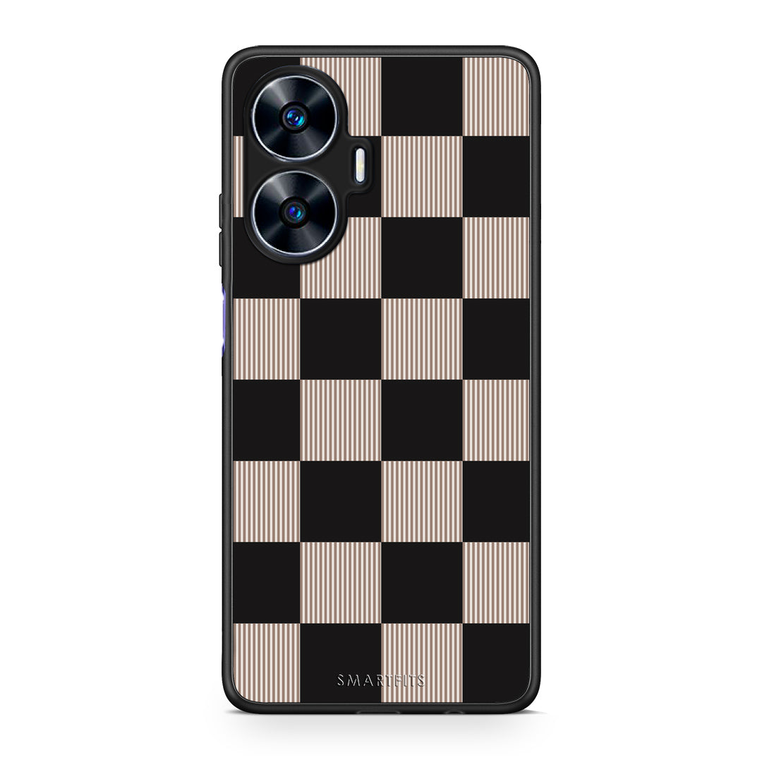 Θήκη Realme C55 Dual Black and Taupe Striped Checks από τη Smartfits με σχέδιο στο πίσω μέρος και μαύρο περίβλημα | Realme C55 Dual Black and Taupe Striped Checks case with colorful back and black bezels