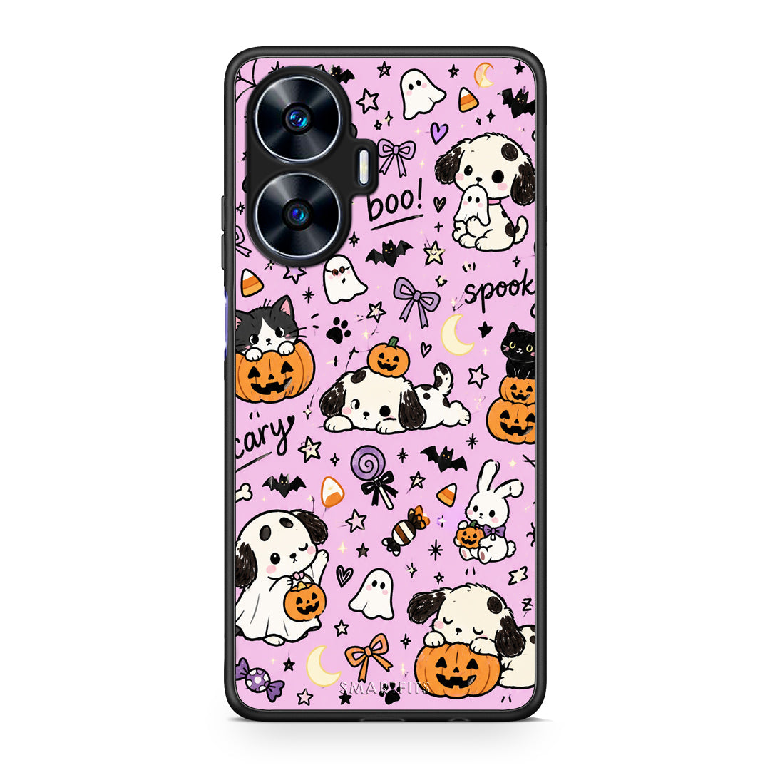 Θήκη Realme C55 Dual Halloween Puppies and Friends on Lilac από τη Smartfits με σχέδιο στο πίσω μέρος και μαύρο περίβλημα | Realme C55 Dual Halloween Puppies and Friends on Lilac case with colorful back and black bezels