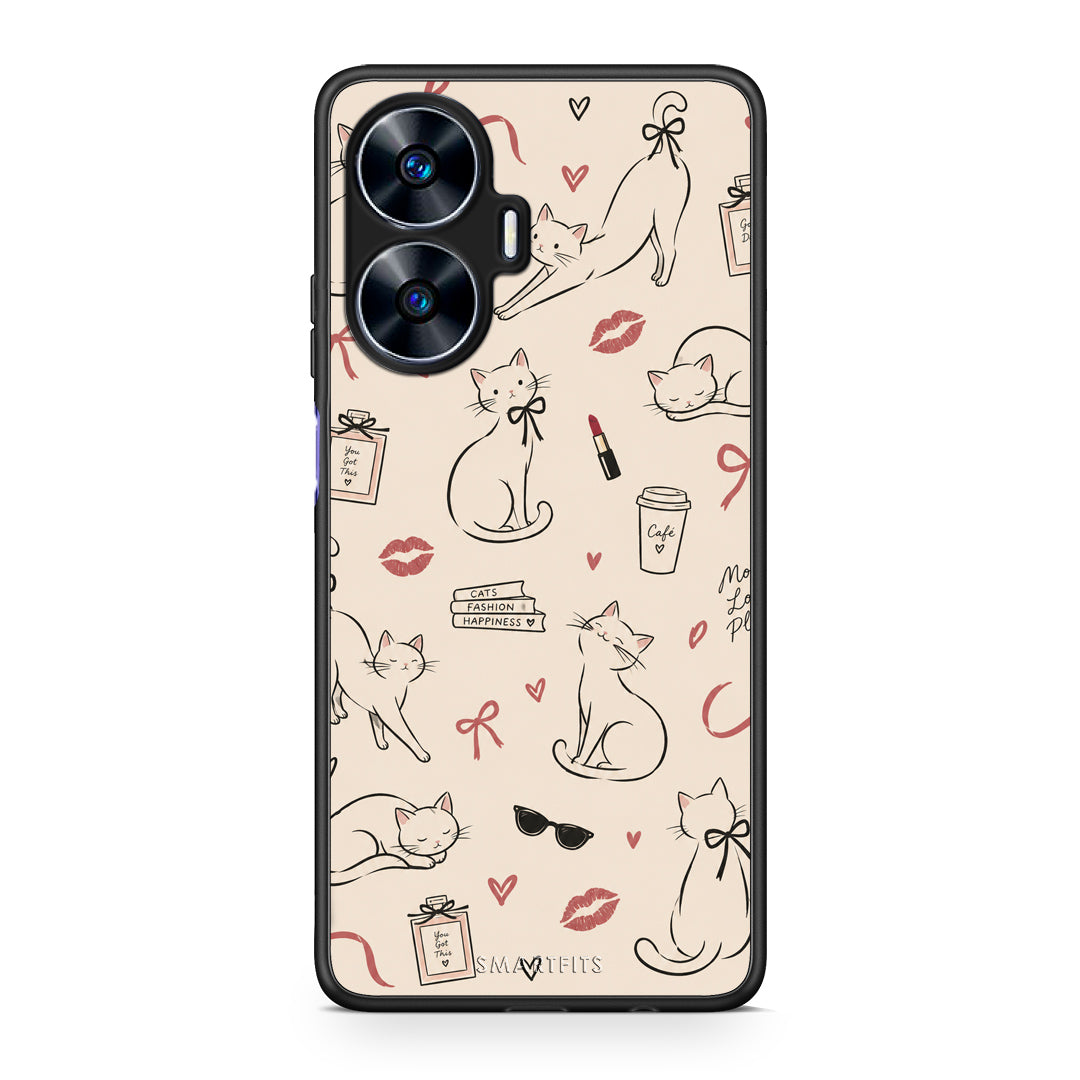 Θήκη Realme C55 Dual Minimal Cat and Fashion Doodles on Cream από τη Smartfits με σχέδιο στο πίσω μέρος και μαύρο περίβλημα | Realme C55 Dual Minimal Cat and Fashion Doodles on Cream case with colorful back and black bezels