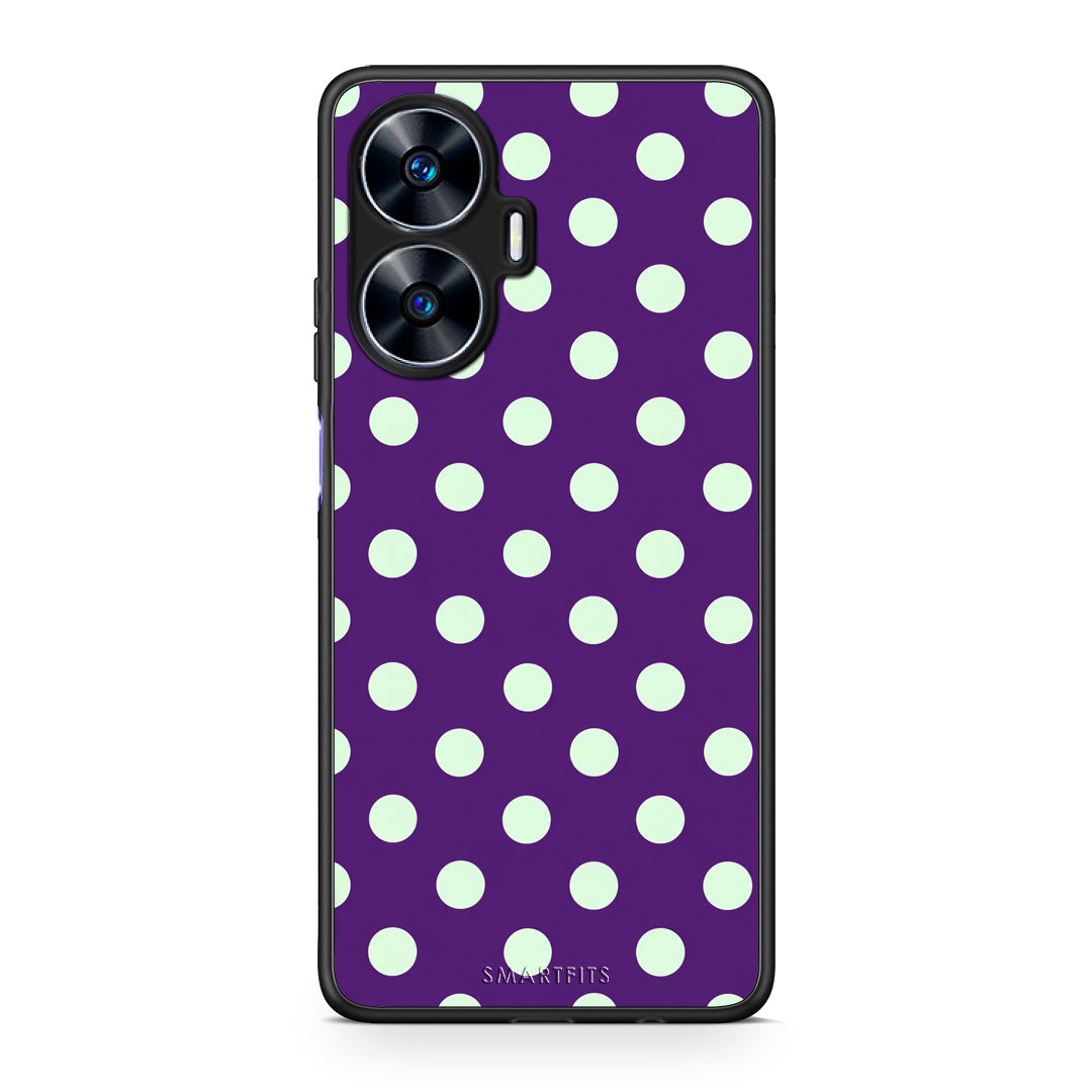 Θήκη Realme C55 Dual Mint Polka Dots on Purple από τη Smartfits με σχέδιο στο πίσω μέρος και μαύρο περίβλημα | Realme C55 Dual Mint Polka Dots on Purple case with colorful back and black bezels
