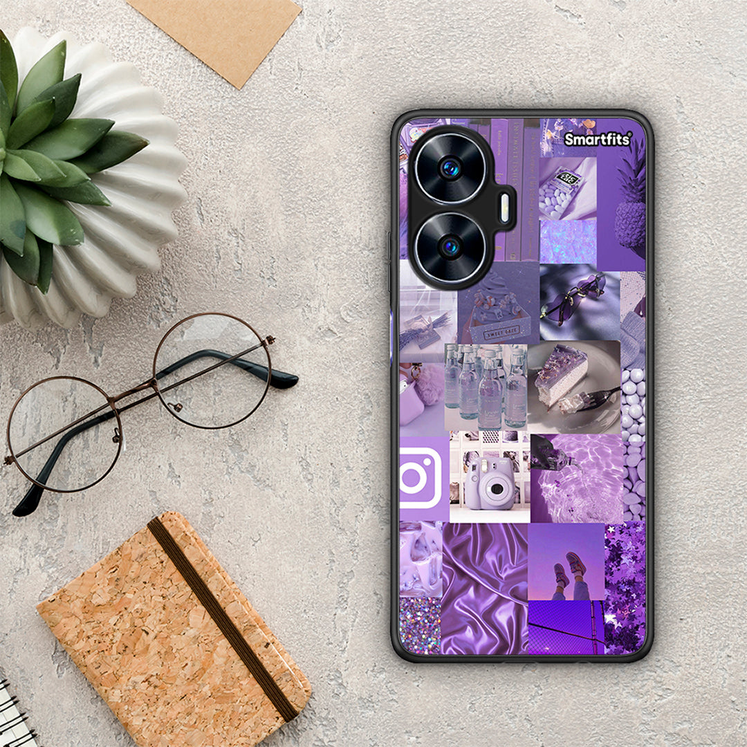 Θήκη Realme C55 Dual Purple Aesthetic Collage από τη Smartfits με σχέδιο στο πίσω μέρος και μαύρο περίβλημα | Realme C55 Dual Purple Aesthetic Collage Case with Colorful Back and Black Bezels