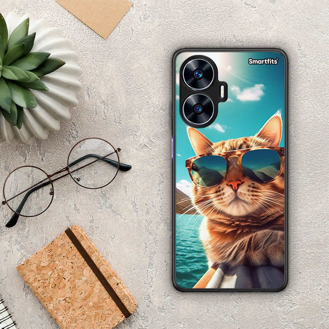 Θήκη Realme C55 Dual Summer Cat από τη Smartfits με σχέδιο στο πίσω μέρος και μαύρο περίβλημα | Realme C55 Dual Summer Cat Case with Colorful Back and Black Bezels