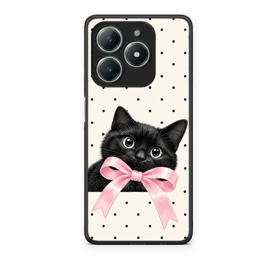 Θήκη Realme C63 4G Black Kitten Pink Bow and Polka Dots από τη Smartfits με σχέδιο στο πίσω μέρος και μαύρο περίβλημα | Realme C63 4G Black Kitten Pink Bow and Polka Dots case with colorful back and black bezels
