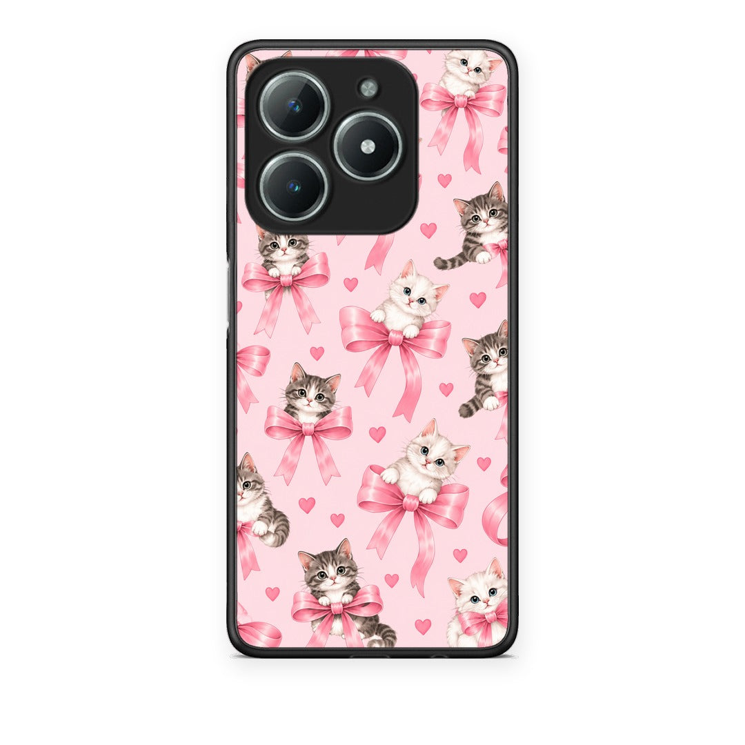 Θήκη Realme C61 Kittens and Pink Bows on Pink από τη Smartfits με σχέδιο στο πίσω μέρος και μαύρο περίβλημα | Realme C61 Kittens and Pink Bows on Pink case with colorful back and black bezels