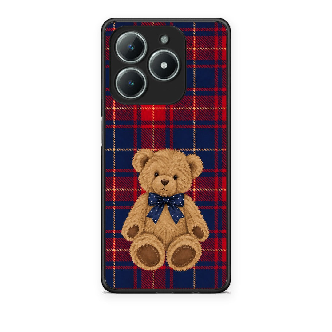Θήκη Realme C63 4G Teddy Bear on Red and Navy Tartan από τη Smartfits με σχέδιο στο πίσω μέρος και μαύρο περίβλημα | Realme C63 4G Teddy Bear on Red and Navy Tartan case with colorful back and black bezels