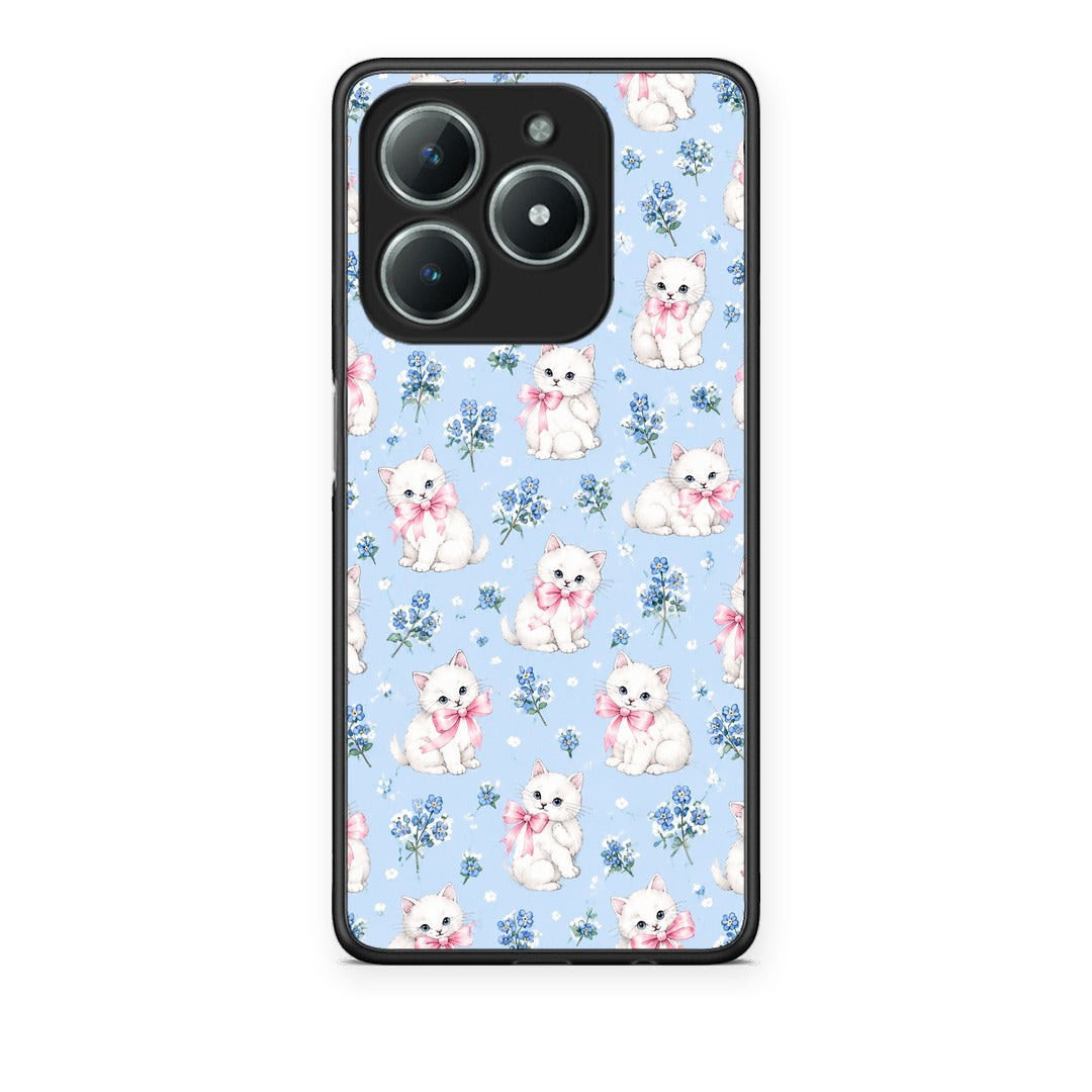 Θήκη Realme C63 4G White Kittens and Blue Flowers Small από τη Smartfits με σχέδιο στο πίσω μέρος και μαύρο περίβλημα | Realme C63 4G White Kittens and Blue Flowers Small case with colorful back and black bezels
