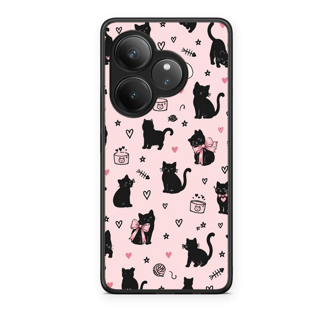 Θήκη Realme GT 6 5G Black Cat Doodles on Pink από τη Smartfits με σχέδιο στο πίσω μέρος και μαύρο περίβλημα | Realme GT 6 5G Black Cat Doodles on Pink case with colorful back and black bezels