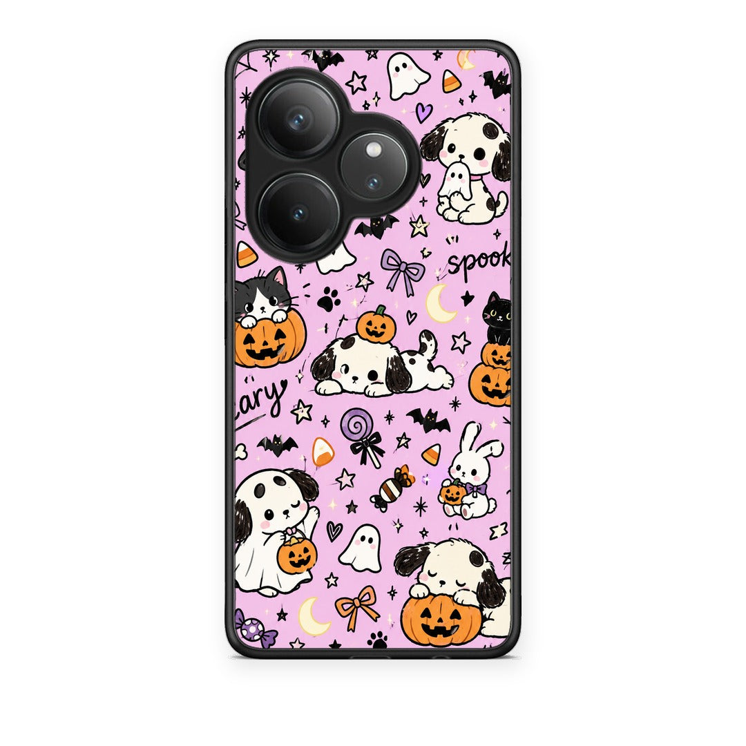 Θήκη Realme GT 6 5G Halloween Puppies and Friends on Lilac από τη Smartfits με σχέδιο στο πίσω μέρος και μαύρο περίβλημα | Realme GT 6 5G Halloween Puppies and Friends on Lilac case with colorful back and black bezels
