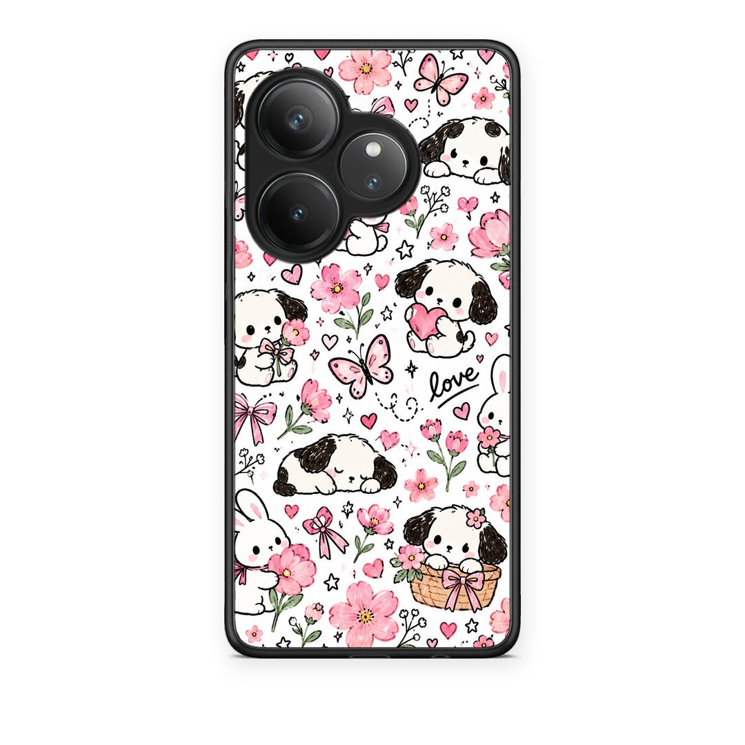 Θήκη Realme GT 6 5G Pink Florals Puppies and Bunnies on White από τη Smartfits με σχέδιο στο πίσω μέρος και μαύρο περίβλημα | Realme GT 6 5G Pink Florals Puppies and Bunnies on White case with colorful back and black bezels