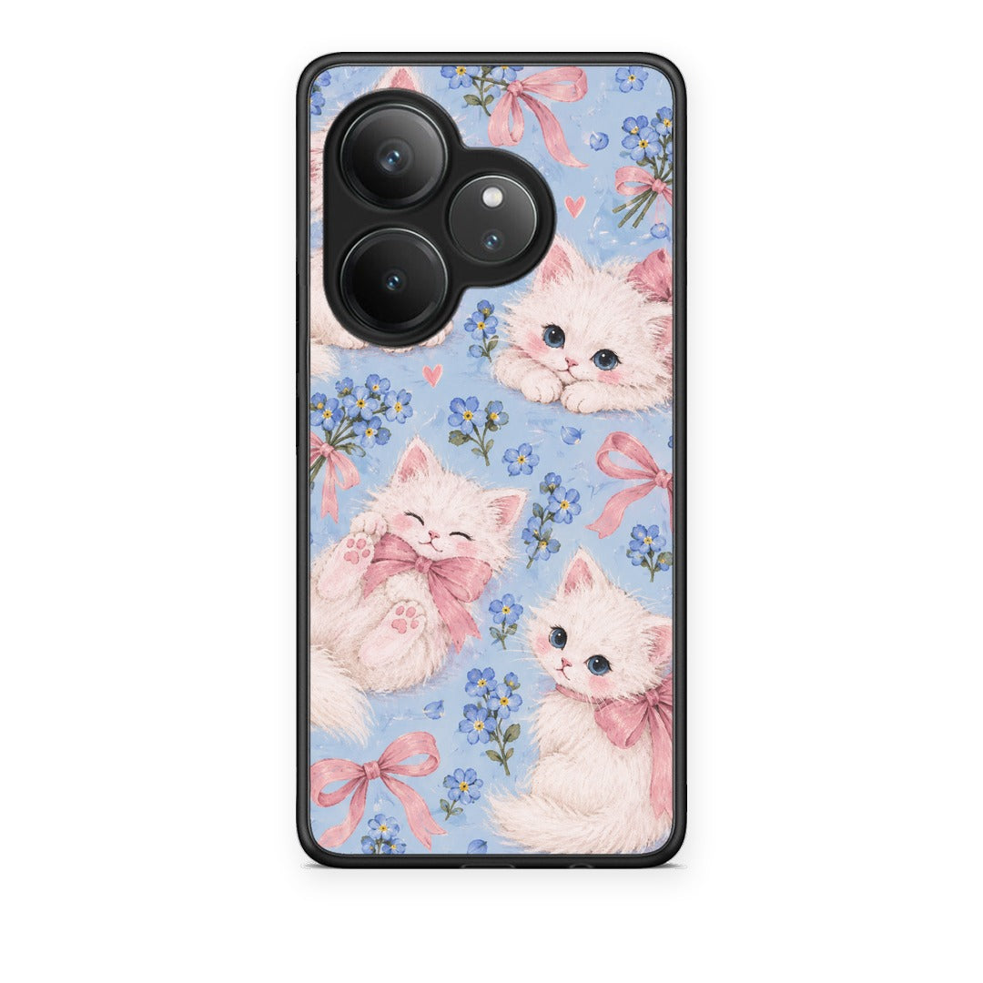 Θήκη Realme GT 6 5G White Kittens and Blue Flowers Large από τη Smartfits με σχέδιο στο πίσω μέρος και μαύρο περίβλημα | Realme GT 6 5G White Kittens and Blue Flowers Large case with colorful back and black bezels