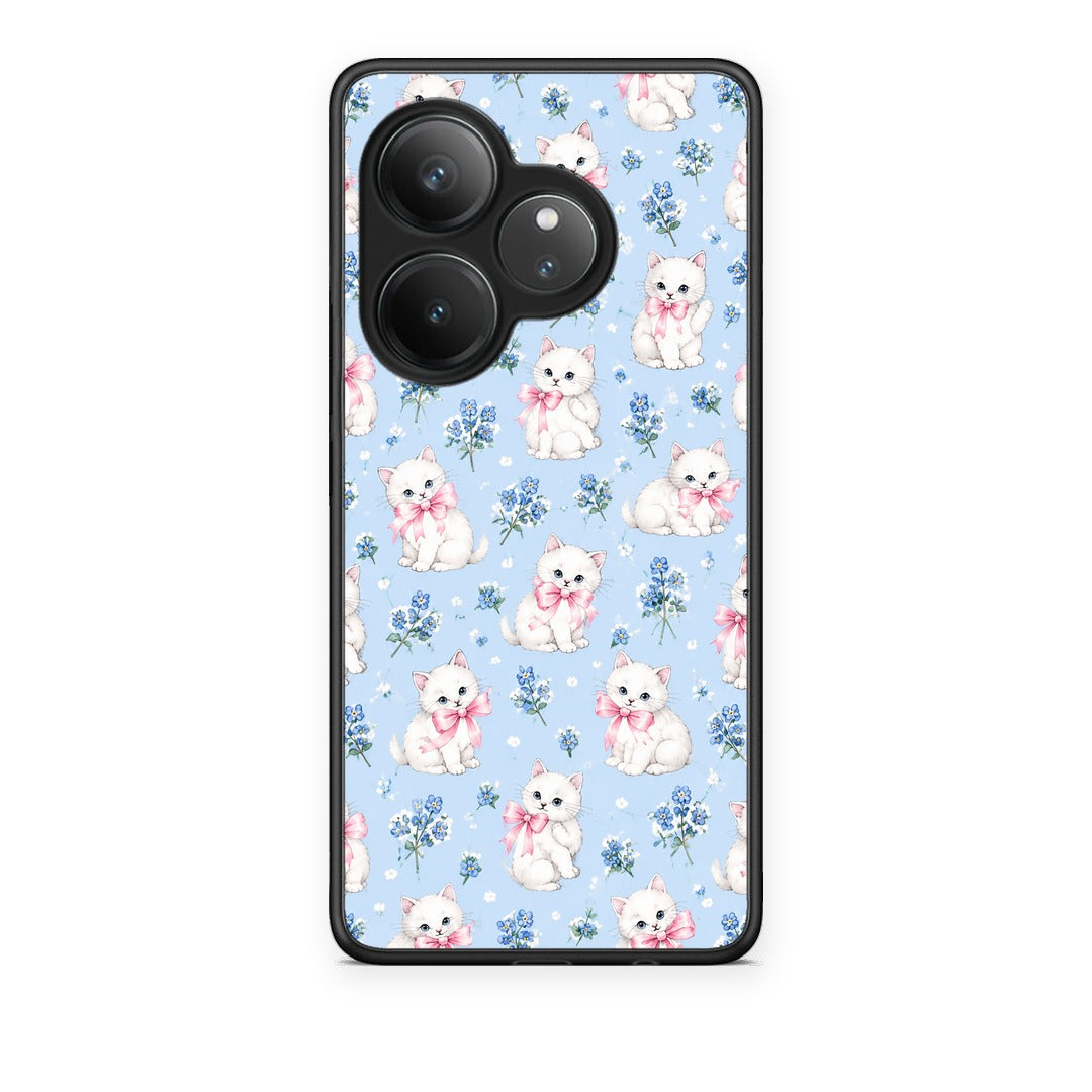 Θήκη Realme GT 6 5G White Kittens and Blue Flowers Small από τη Smartfits με σχέδιο στο πίσω μέρος και μαύρο περίβλημα | Realme GT 6 5G White Kittens and Blue Flowers Small case with colorful back and black bezels