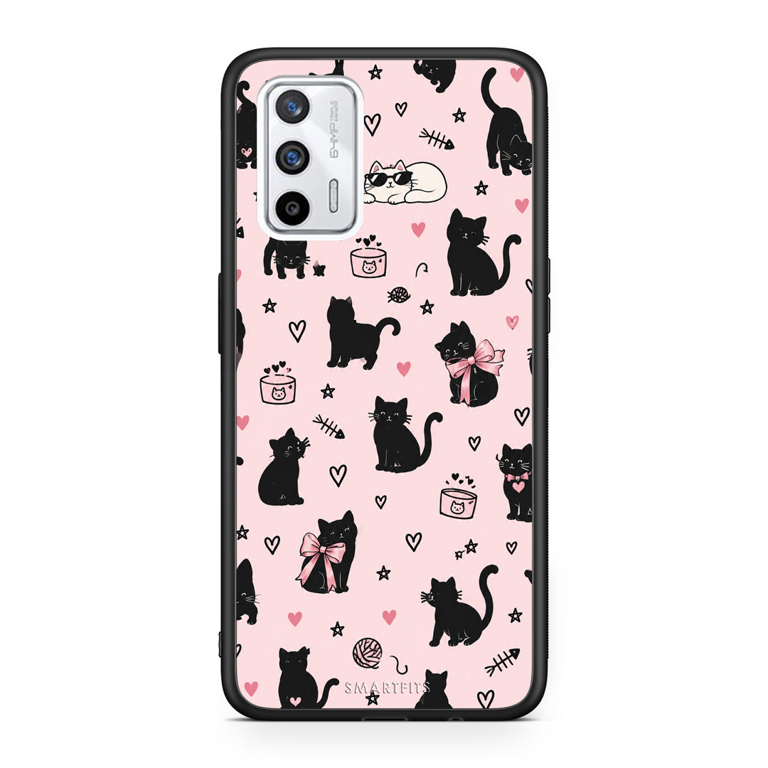 Θήκη Realme GT Black Cat Doodles on Pink από τη Smartfits με σχέδιο στο πίσω μέρος και μαύρο περίβλημα | Realme GT Black Cat Doodles on Pink case with colorful back and black bezels