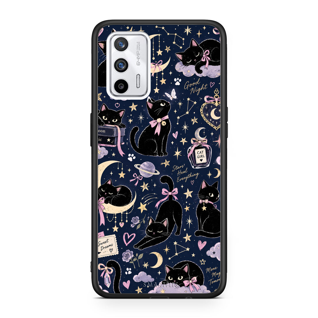 Θήκη Realme GT Celestial Black Cats on Navy από τη Smartfits με σχέδιο στο πίσω μέρος και μαύρο περίβλημα | Realme GT Celestial Black Cats on Navy case with colorful back and black bezels