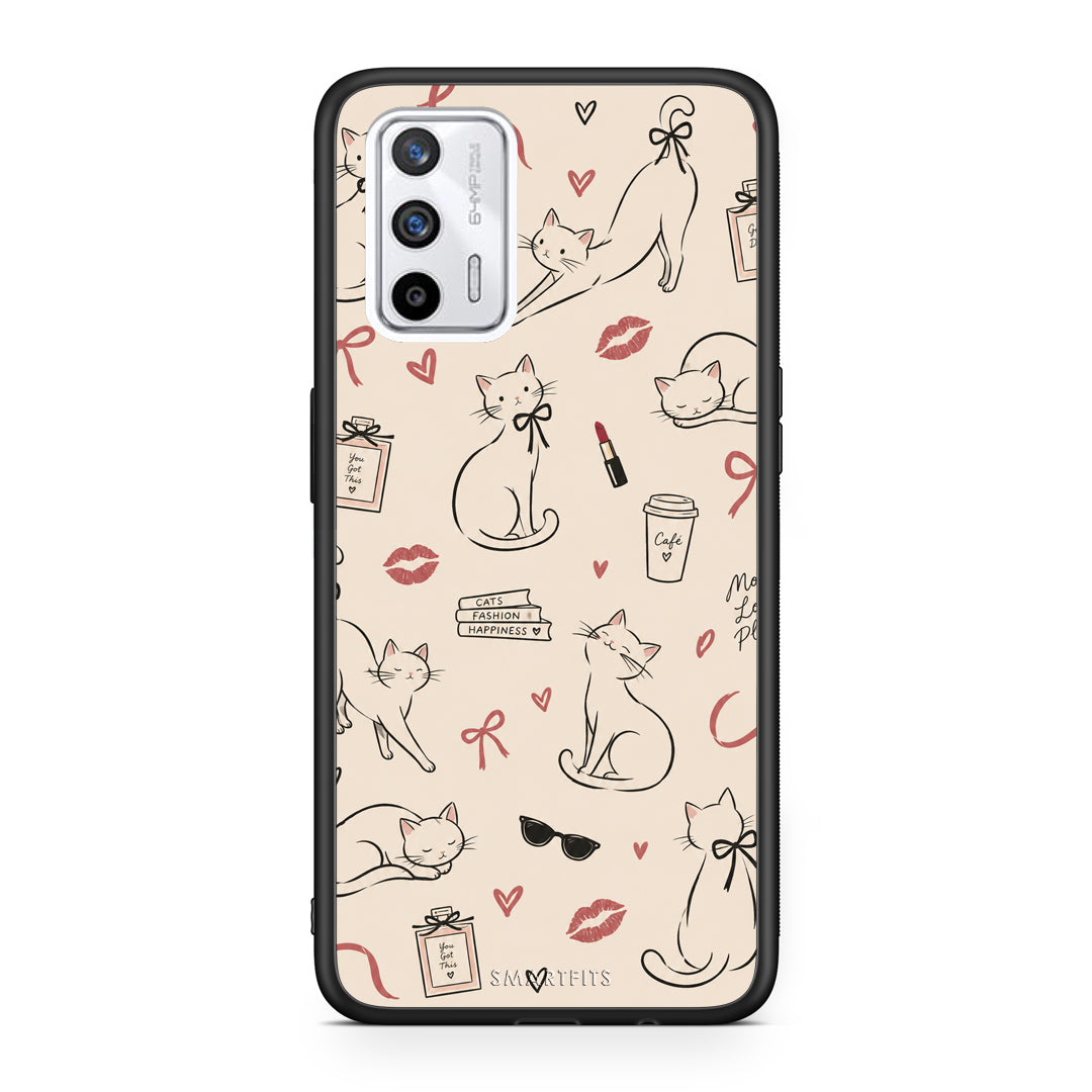 Θήκη Realme GT Minimal Cat and Fashion Doodles on Cream από τη Smartfits με σχέδιο στο πίσω μέρος και μαύρο περίβλημα | Realme GT Minimal Cat and Fashion Doodles on Cream case with colorful back and black bezels