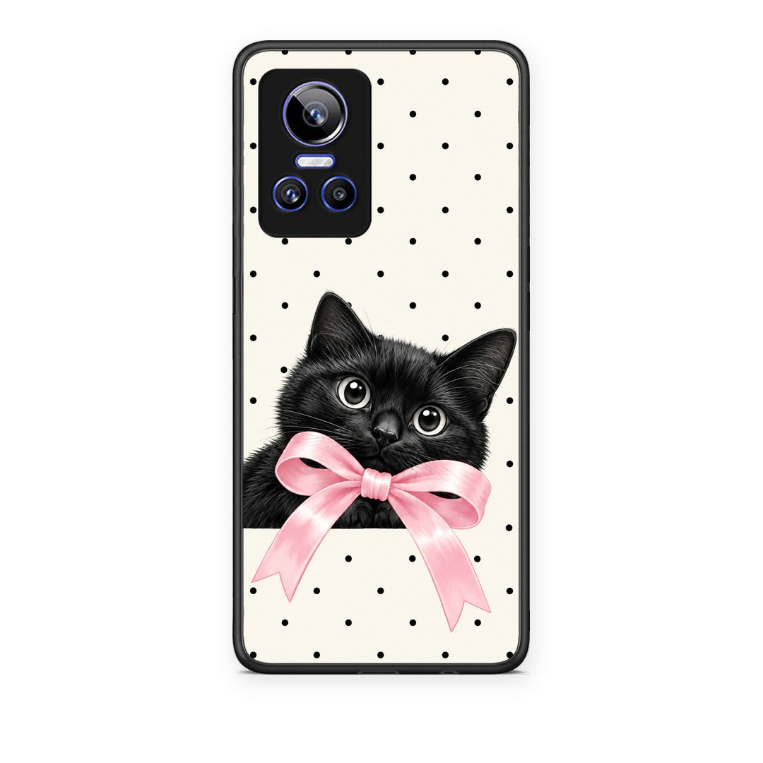 Θήκη Realme GT Neo 3 Black Kitten Pink Bow and Polka Dots από τη Smartfits με σχέδιο στο πίσω μέρος και μαύρο περίβλημα | Realme GT Neo 3 Black Kitten Pink Bow and Polka Dots case with colorful back and black bezels