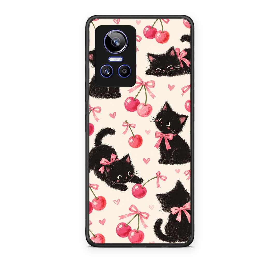 Θήκη Realme GT Neo 3 Black Kittens and Cherries on Cream από τη Smartfits με σχέδιο στο πίσω μέρος και μαύρο περίβλημα | Realme GT Neo 3 Black Kittens and Cherries on Cream case with colorful back and black bezels