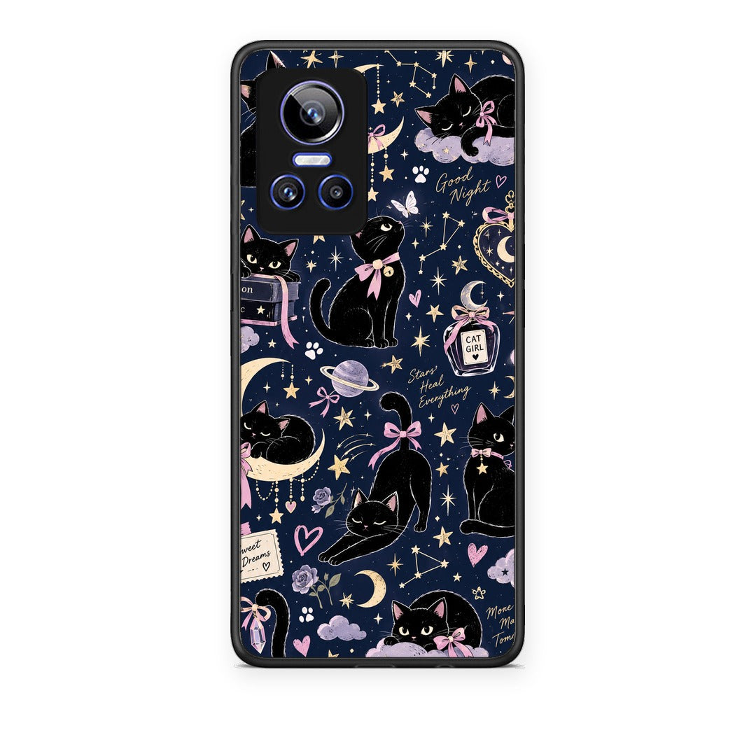 Θήκη Realme GT Neo 3 Celestial Black Cats on Navy από τη Smartfits με σχέδιο στο πίσω μέρος και μαύρο περίβλημα | Realme GT Neo 3 Celestial Black Cats on Navy case with colorful back and black bezels