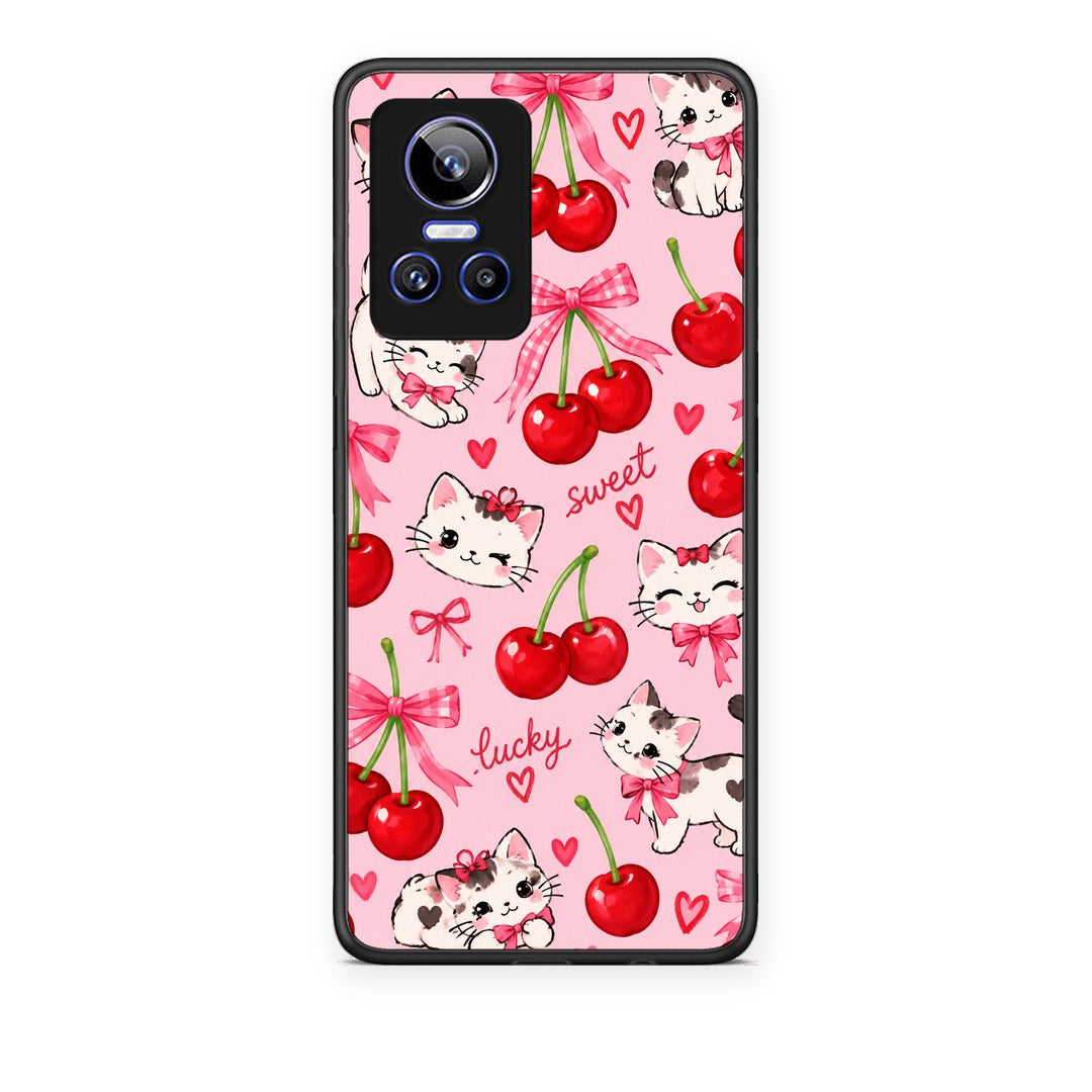 Θήκη Realme GT Neo 3 Cherries Bows and Kittens on Pink από τη Smartfits με σχέδιο στο πίσω μέρος και μαύρο περίβλημα | Realme GT Neo 3 Cherries Bows and Kittens on Pink case with colorful back and black bezels