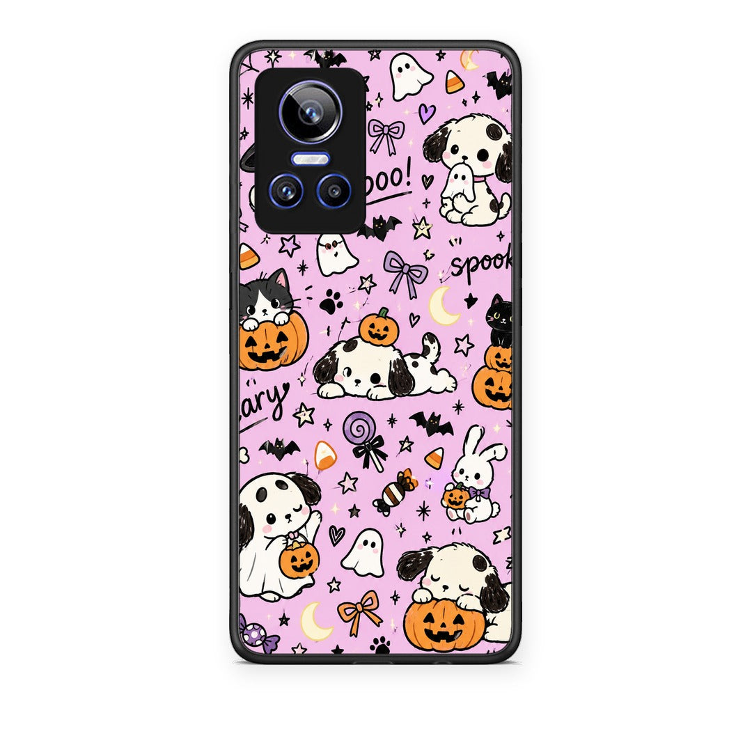 Θήκη Realme GT Neo 3 Halloween Puppies and Friends on Lilac από τη Smartfits με σχέδιο στο πίσω μέρος και μαύρο περίβλημα | Realme GT Neo 3 Halloween Puppies and Friends on Lilac case with colorful back and black bezels