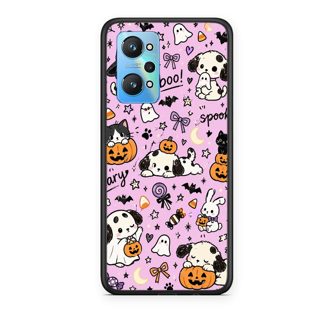 Θήκη Realme GT Neo 3T Halloween Puppies and Friends on Lilac από τη Smartfits με σχέδιο στο πίσω μέρος και μαύρο περίβλημα | Realme GT Neo 3T Halloween Puppies and Friends on Lilac case with colorful back and black bezels