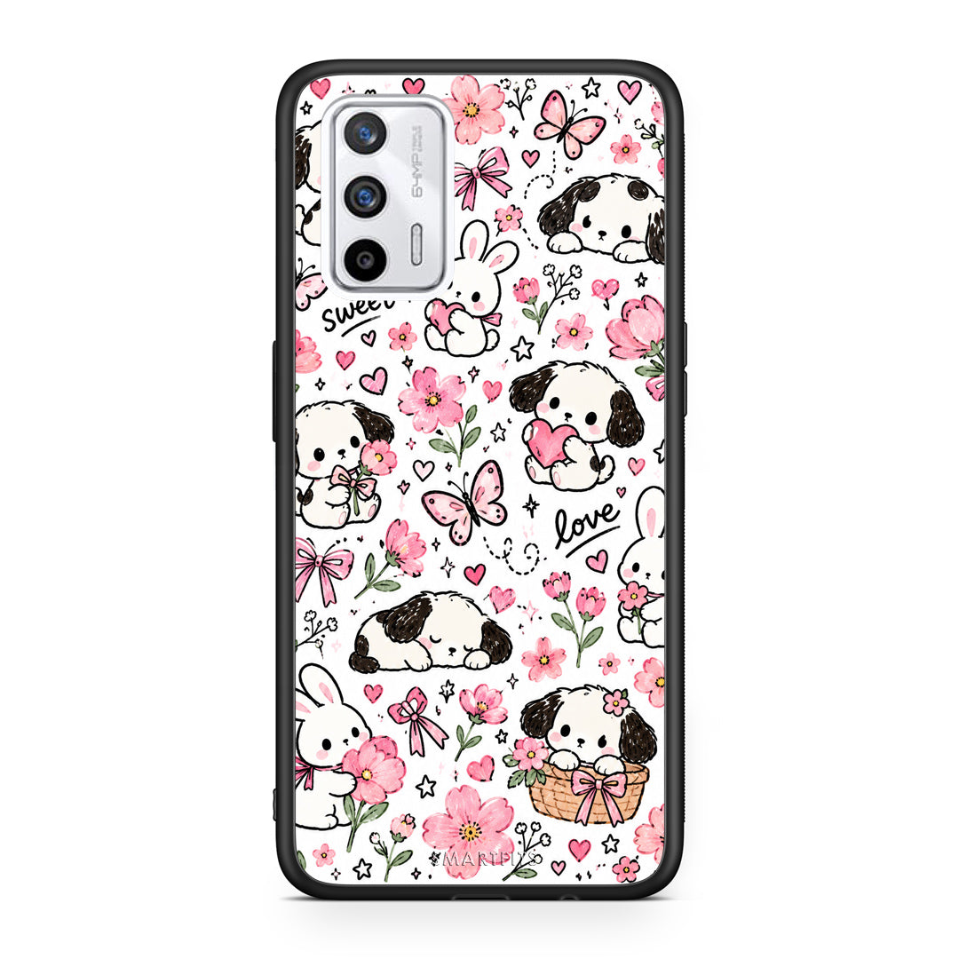 Θήκη Realme GT Pink Florals Puppies and Bunnies on White από τη Smartfits με σχέδιο στο πίσω μέρος και μαύρο περίβλημα | Realme GT Pink Florals Puppies and Bunnies on White case with colorful back and black bezels