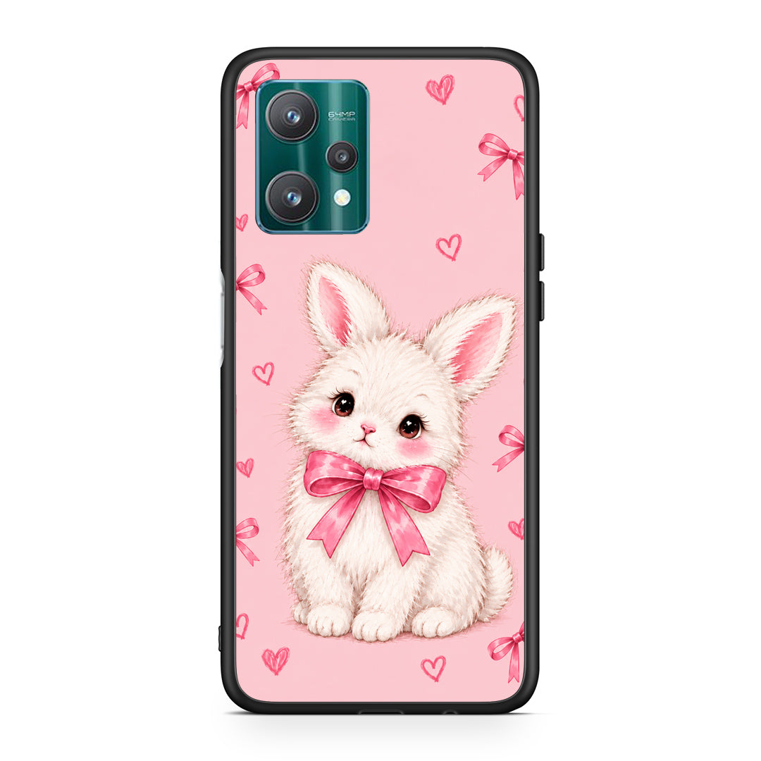 Θήκη Realme 9 Pro White Bunny and Pink Bows από τη Smartfits με σχέδιο στο πίσω μέρος και μαύρο περίβλημα | Realme 9 Pro White Bunny and Pink Bows case with colorful back and black bezels
