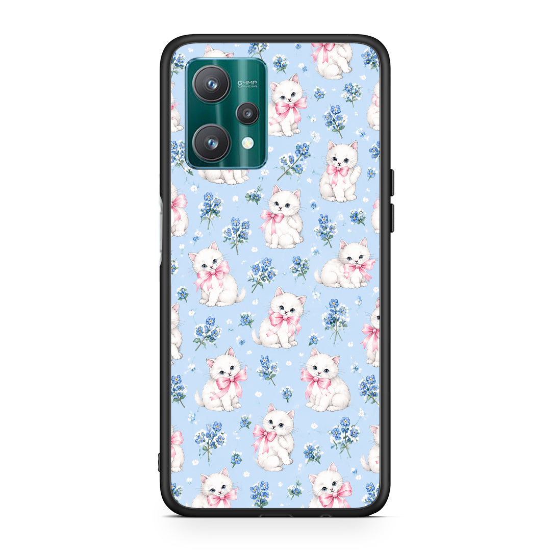 Θήκη Realme 9 Pro White Kittens and Blue Flowers Small από τη Smartfits με σχέδιο στο πίσω μέρος και μαύρο περίβλημα | Realme 9 Pro White Kittens and Blue Flowers Small case with colorful back and black bezels