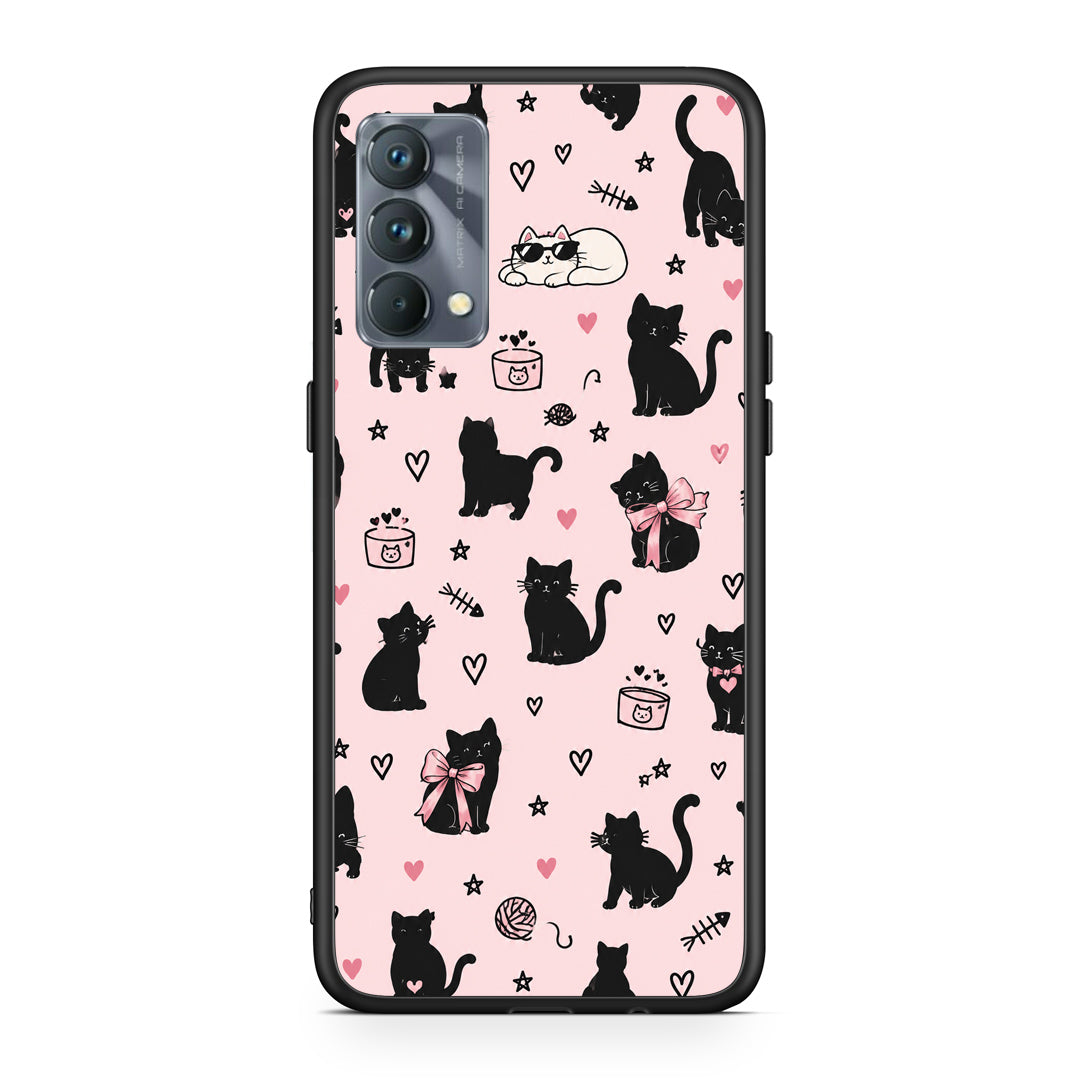 Θήκη Realme GT Master Black Cat Doodles on Pink από τη Smartfits με σχέδιο στο πίσω μέρος και μαύρο περίβλημα | Realme GT Master Black Cat Doodles on Pink case with colorful back and black bezels
