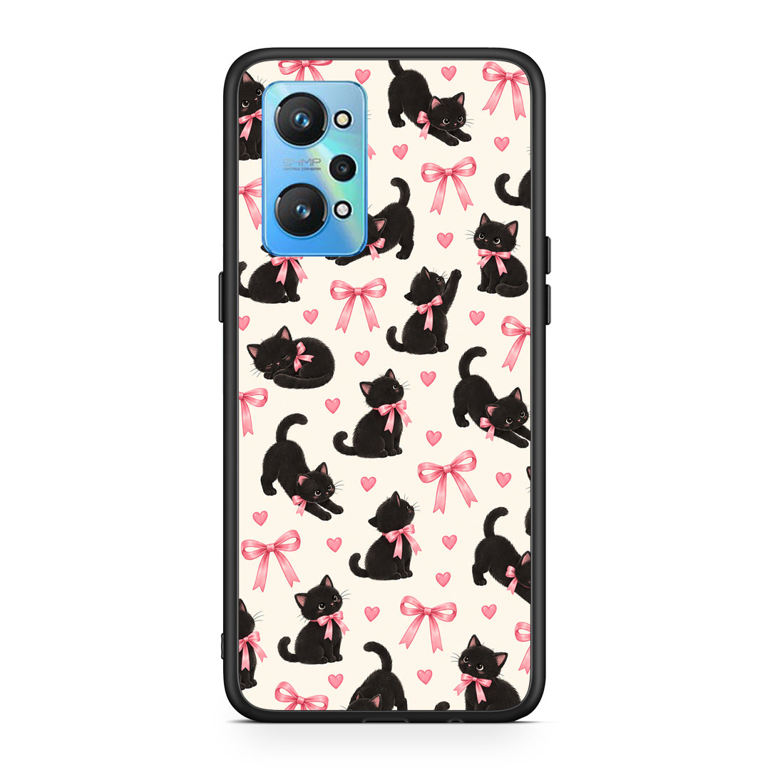 Θήκη Realme GT Neo 2 Black Kittens and Pink Bows on Cream Small από τη Smartfits με σχέδιο στο πίσω μέρος και μαύρο περίβλημα | Realme GT Neo 2 Black Kittens and Pink Bows on Cream Small case with colorful back and black bezels