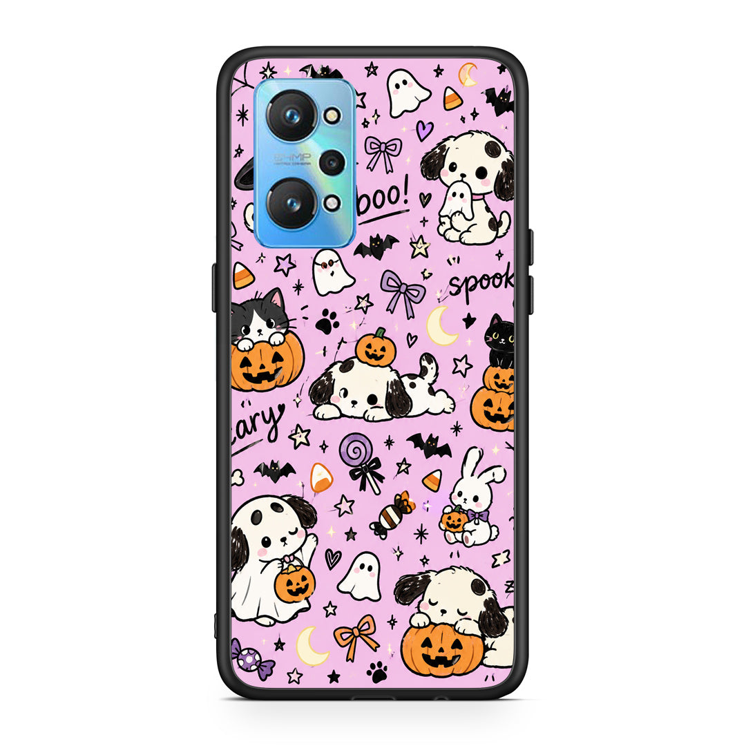 Θήκη Realme GT2 Halloween Puppies and Friends on Lilac από τη Smartfits με σχέδιο στο πίσω μέρος και μαύρο περίβλημα | Realme GT2 Halloween Puppies and Friends on Lilac case with colorful back and black bezels