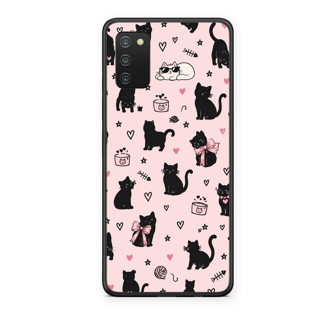 Θήκη Samsung Galaxy A02s / M02s / F02s Black Cat Doodles on Pink από τη Smartfits με σχέδιο στο πίσω μέρος και μαύρο περίβλημα | Samsung Galaxy A02s / M02s / F02s Black Cat Doodles on Pink case with colorful back and black bezels