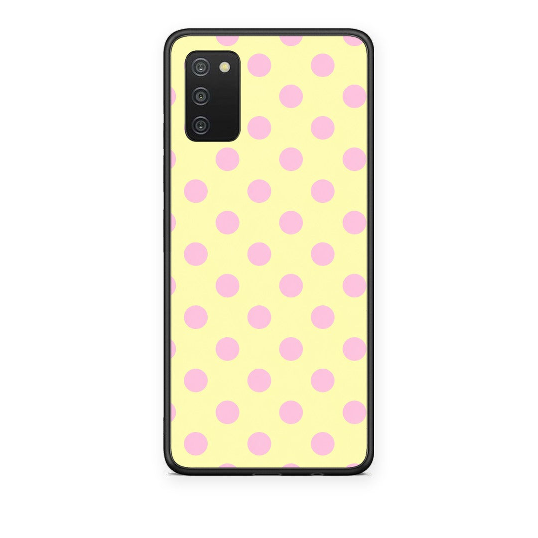 Θήκη Samsung Galaxy A02s / M02s / F02s Pink Polka Dots on Yellow από τη Smartfits με σχέδιο στο πίσω μέρος και μαύρο περίβλημα | Samsung Galaxy A02s / M02s / F02s Pink Polka Dots on Yellow case with colorful back and black bezels