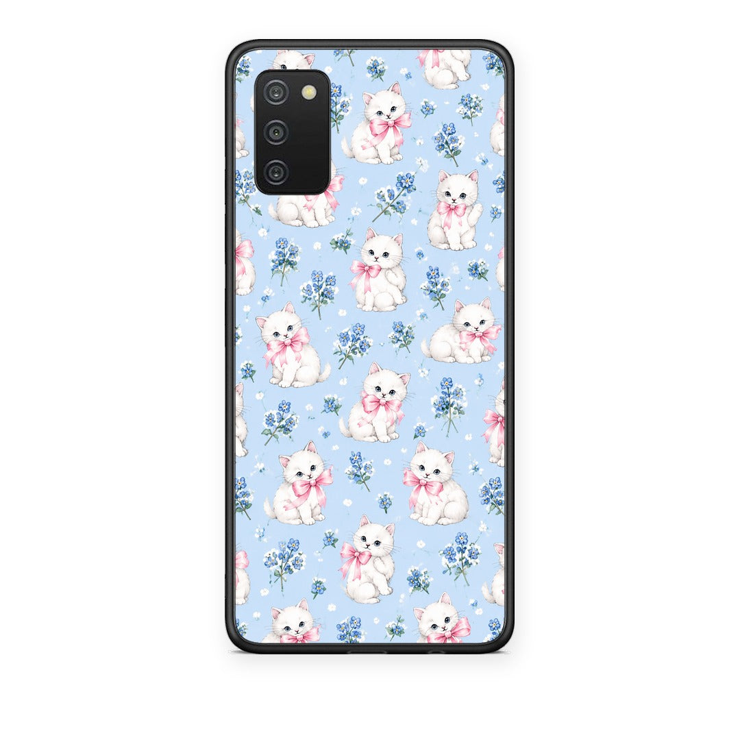 Θήκη Samsung Galaxy A02s / M02s / F02s White Kittens and Blue Flowers Small από τη Smartfits με σχέδιο στο πίσω μέρος και μαύρο περίβλημα | Samsung Galaxy A02s / M02s / F02s White Kittens and Blue Flowers Small case with colorful back and black bezels