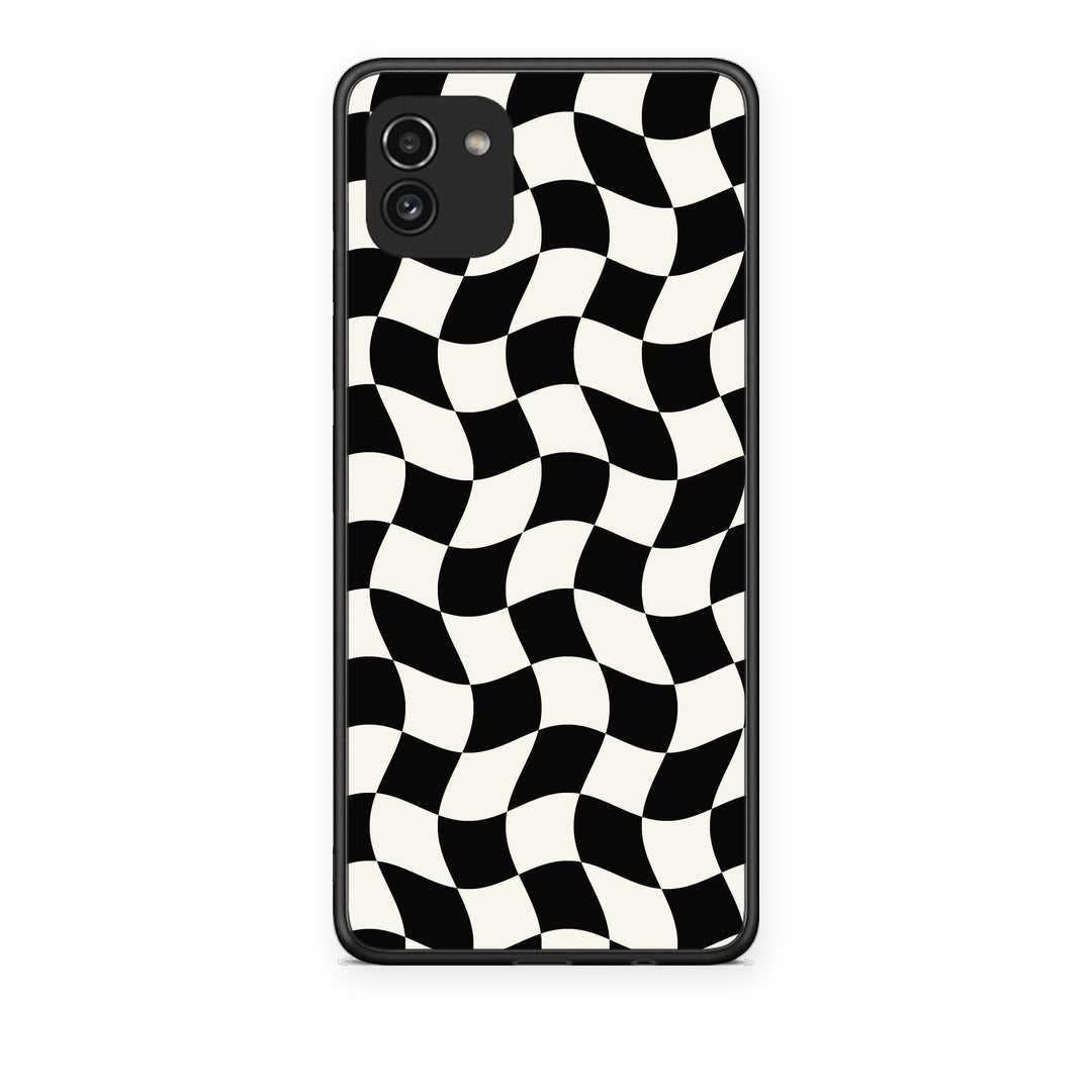 Θήκη Samsung Galaxy A03 Black and Cream Wavy Checkerboard από τη Smartfits με σχέδιο στο πίσω μέρος και μαύρο περίβλημα | Samsung Galaxy A03 Black and Cream Wavy Checkerboard case with colorful back and black bezels