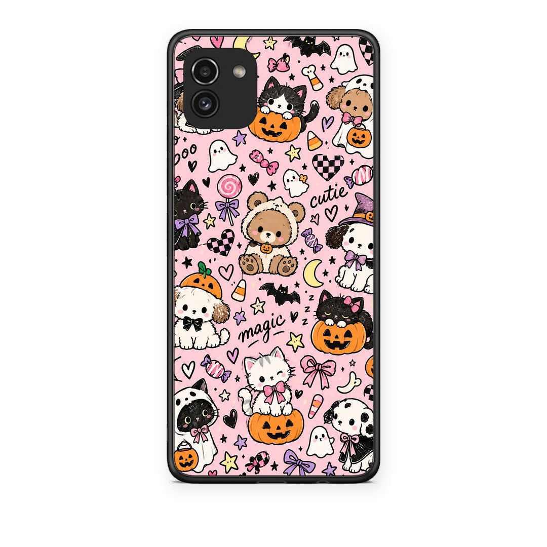 Θήκη Samsung Galaxy A03 Halloween Cute Animals on Pink από τη Smartfits με σχέδιο στο πίσω μέρος και μαύρο περίβλημα | Samsung Galaxy A03 Halloween Cute Animals on Pink case with colorful back and black bezels