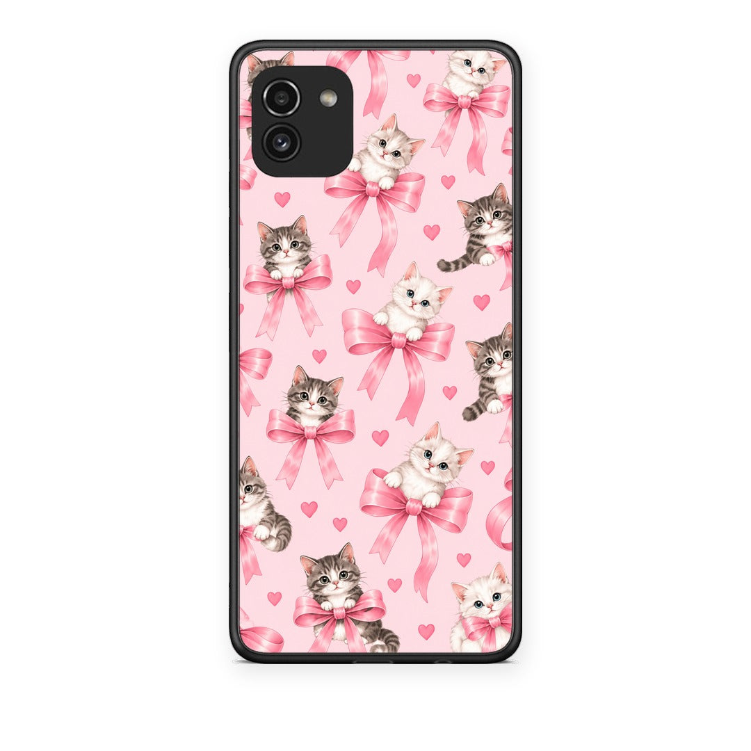 Θήκη Samsung Galaxy A03 Kittens and Pink Bows on Pink από τη Smartfits με σχέδιο στο πίσω μέρος και μαύρο περίβλημα | Samsung Galaxy A03 Kittens and Pink Bows on Pink case with colorful back and black bezels