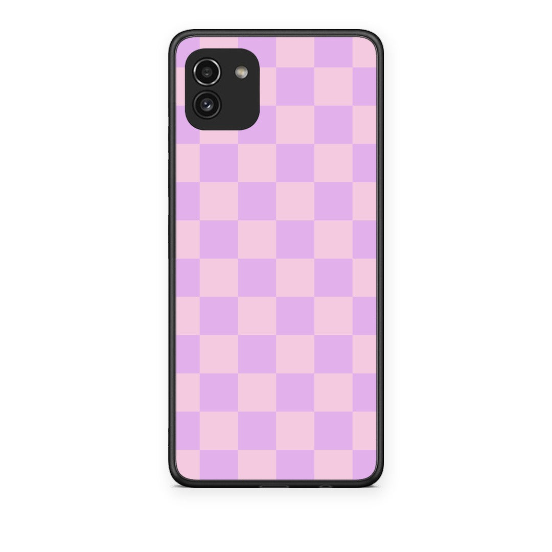 Θήκη Samsung Galaxy A03 Lavender and Pink Checkerboard από τη Smartfits με σχέδιο στο πίσω μέρος και μαύρο περίβλημα | Samsung Galaxy A03 Lavender and Pink Checkerboard case with colorful back and black bezels