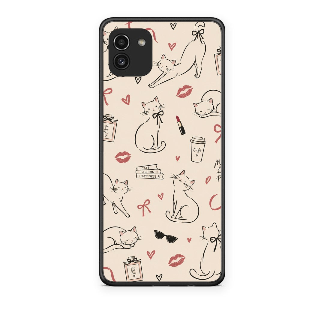 Θήκη Samsung Galaxy A03 Minimal Cat and Fashion Doodles on Cream από τη Smartfits με σχέδιο στο πίσω μέρος και μαύρο περίβλημα | Samsung Galaxy A03 Minimal Cat and Fashion Doodles on Cream case with colorful back and black bezels