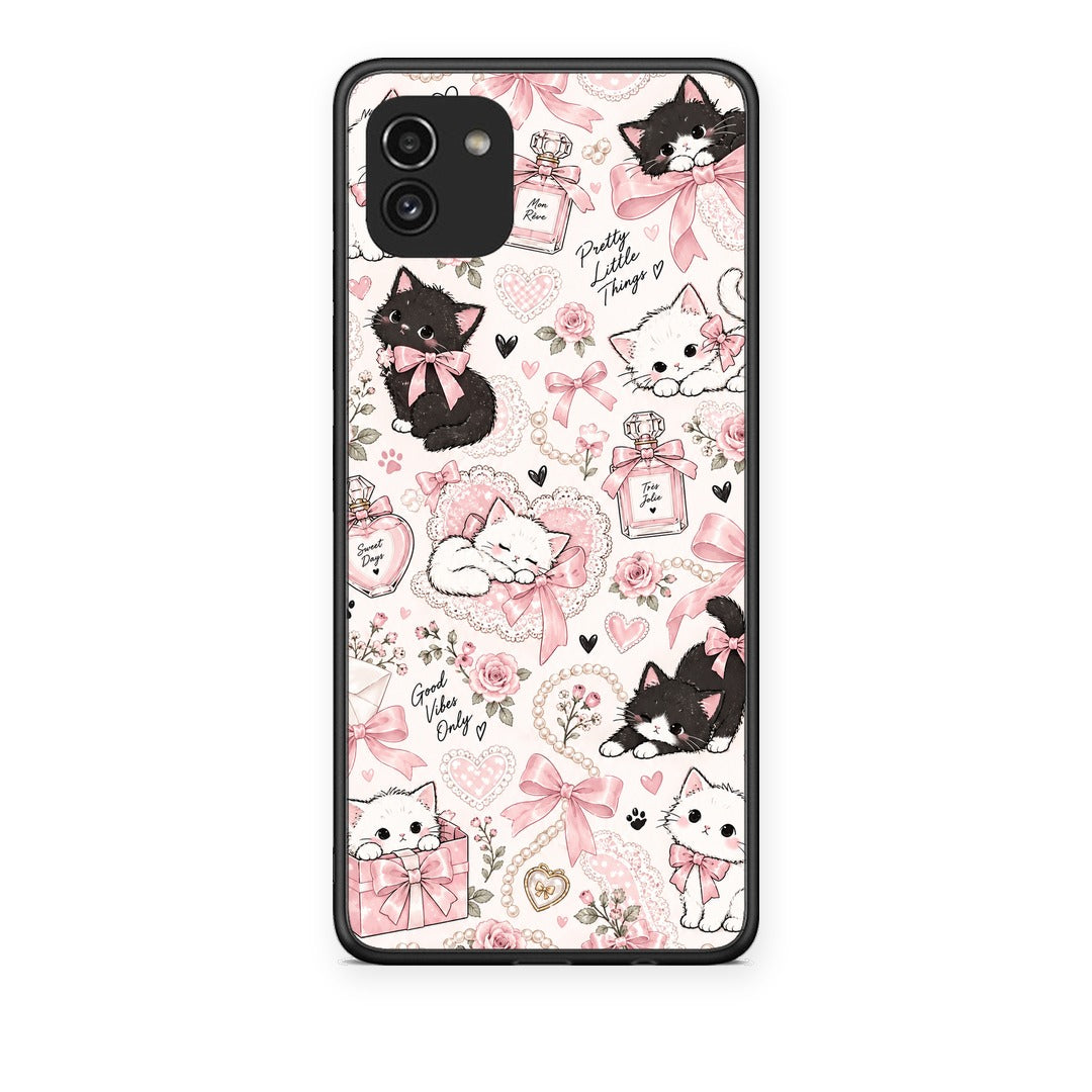 Θήκη Samsung Galaxy A03 Pink Bows and Kittens Collage από τη Smartfits με σχέδιο στο πίσω μέρος και μαύρο περίβλημα | Samsung Galaxy A03 Pink Bows and Kittens Collage case with colorful back and black bezels